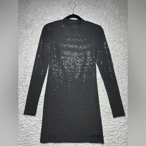 Elodie Dress Womens Small Mock Neck Long Sleeve Bodycon Sequins Lined Shine NEW